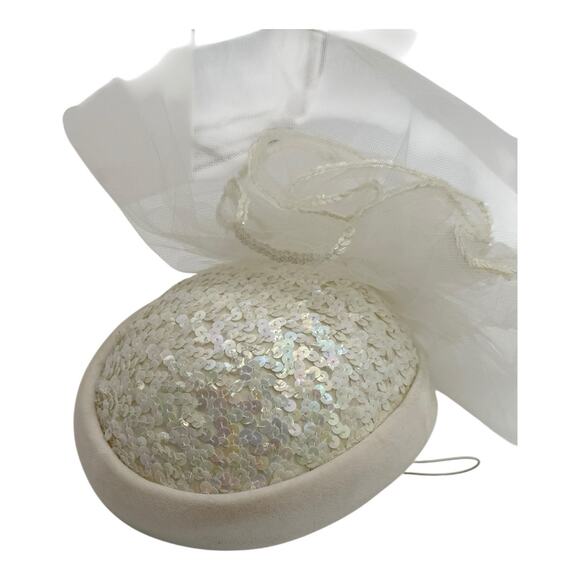 Vintage White Off-white Hat W/ Netting Sequins Classic Pillbox Wedding Chic 60’s main image 5